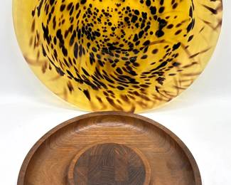 Vintage Italian Murano-Style Art Glass Platter In Tortoise Shell & Dansk Mid Century Wood Serving Plate Lot #: 101