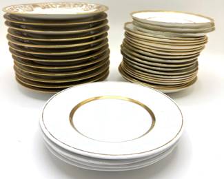 Vintage English China With Gold Accents: Serving Bowl, Dessert Plates, Salad Plates & Tea Cups In 2 Sizes Lot #: 11