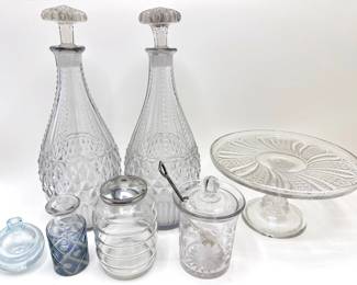 2 Vintage Crystal Decanters, Small Cake Plate, Etched Honey Jar & More Lot #: 48