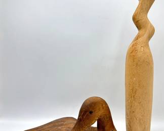 2 Vintage Hand Carved Solid Wood Duck Sculptures Lot #: 111