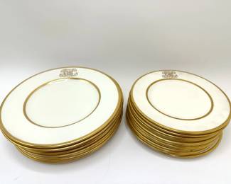 Vintage English China With Gold Accents: Serving Bowl, Dessert Plates, Salad Plates & Tea Cups In 2 Sizes Lot #: 11
