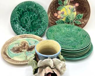 Vintage Majolica Plates Including French Faencerie De Gien & Floral Vase Lot #: 64