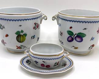 2 Antique Richard Ginori Italian Cache Pots & Matching Bowl & Saucer, Antico Doccia Pattern Lot #: 100