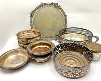 8 Vintage Silver Plate Bowls & Trays & Covered Crystal Canister Lot #: 137