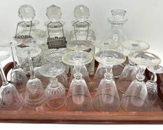 Vintage Crystal Decanters With Necklaces (one Sterling) & 15 Assorted Wine Glasses On Wood Inlay Tray Lot #: 126