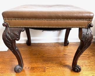Antique Small Chippendale Bench With Carved Wood Legs, Leather Seat & Brass Tacks Lot #: 50