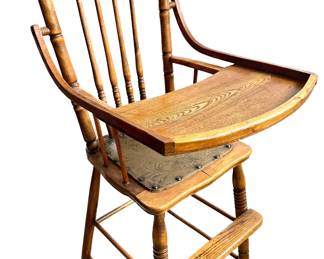 Antique Baby High Chair Soid Carved Wood With Leather Seat Lot #: 3