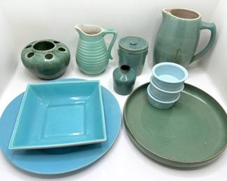 11 Pieces Mixed Ceramics: Pitchers, Catchall, Platters, Planter, Mini Covered Garbage Can, Ramekins & More Lot #: 55