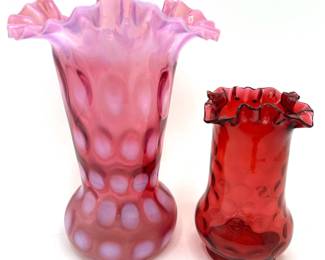 2 Vintage Fenton Art Glass Ruffled Vases: Cranberry & Cranberry Opalescent Coin Dot Lot #: 1