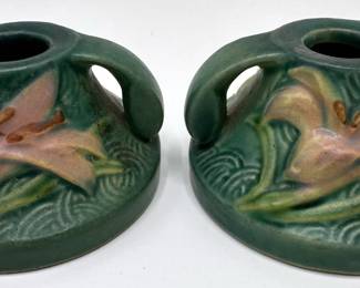 2 Rosewell Mid-Century Roseville Pottery Zephyr Lily Candle Holders Lot #: 61