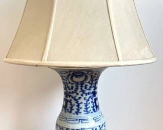 Vintage Chinese Ceramic Hand Painted Table Lamp On Wood Base With Canvas Shade Lot #: 34