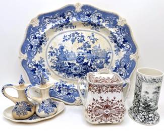 Antique Italian Flower Garden Transferware Large Platter, Maling Oil & Vinegar Set & T&R Boote Teapot & More Lot #: 97