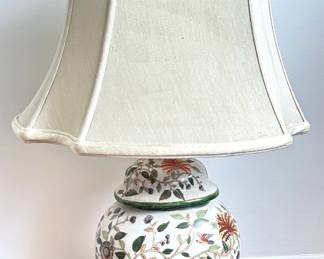 Vintage Ceramic Hand Painted Asian Ginger Jar Table Lamp On Wood Base With Canvas Shade Lot #: 33