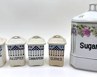 Vintage Czechoslovakian Sugar Container & 4 Piece Czechoslovakian Spice Container Set Lot #: 105