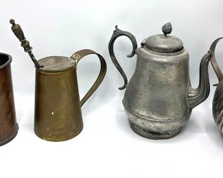 Vintage Copper Watering Can, Brass Brass Fire Starter Smudge Pot & Silver Plate Pitcher & Teapot Lot #: 130