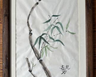 ginal Asian Style Watercolor Of Bamboo Branch & Paper Cut Out Of Crane Lot #: 157