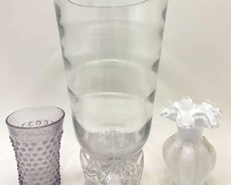 Vintage Large Hand Blown Glass Vase, Milk Glass Ruffle Vase & Hobnail Glass Lot #: 135