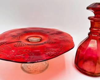 Vintage Ruby Red Glass Cake Stand & Bohemian Ruby Red Decanter Lot #: 79
