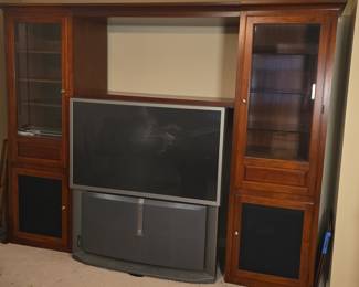 Wood Entertainment Center with Glass Cabinet Doors