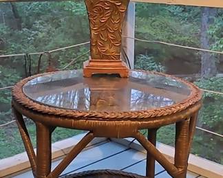 Vintage Wicker and Glass Two-Tiered Side Table