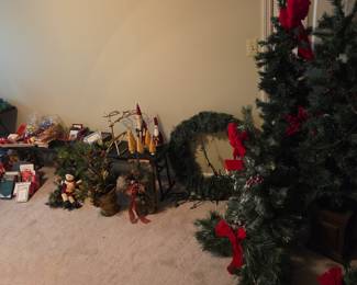 Assorted Christmas Decorations including Artificial Tree and Fall Decor