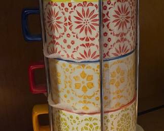 Floral Stoneware Stacking Mugs Set of 4 with Rack