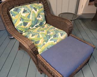 Wicker Armchair with Ottoman and Tropical Cushions