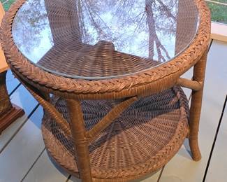 Vintage Wicker and Glass Two-Tiered Side Table