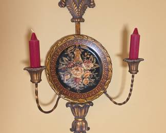 Ornate Floral Medallion Double Candle Sconce Pair