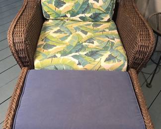 Wicker Armchair with Ottoman and Tropical Cushions