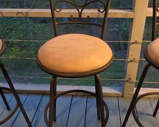 Set of Three Wrought Iron Swivel Bar Stools with Upholstered Seats