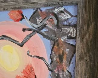 Abstract Floral Painting with Sun/Moon in Rustic Frame