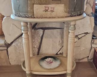 French Country Hand-Painted Pedestal Plant Stand with Decorative Plate