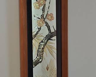 Asian Wood Framed Wall Art with Mother of Pearl and Metal Inlay