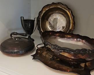 Collection of Victorian-Style Silver-Plated Serving Pieces, including a Lidded Dish, Trophy Cup, Serving Bowl, and Tray