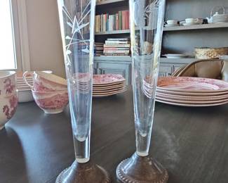 Pair of Etched Glass Bud Vases with Silver-Plated Bases