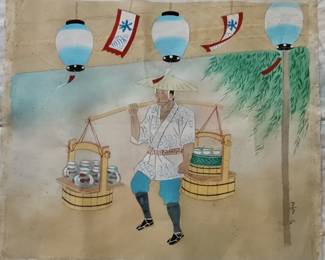 Japanese Watercolor Painting of a Peddler
