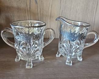 Glass Sugar Bowl and Creamer with Silver Overlay