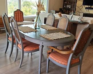 Vintage French Provincial Style Oval Dining Table and Six Cane Back Chairs