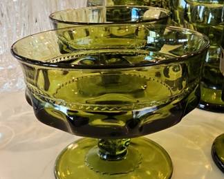 Vintage Indiana Glass King's Crown Thumbprint Avocado Green Compote Bowls
