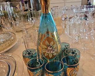Bohemia Cobalt Blue and Gold Gilt Glass Decanter Set