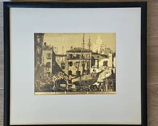 Lionel Barrymore "Little Boatyard, Venice" Gold Foil Etching
