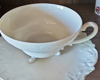 White Porcelain Footed Teacup and Saucer Set - Embossed Floral/Scrollwork