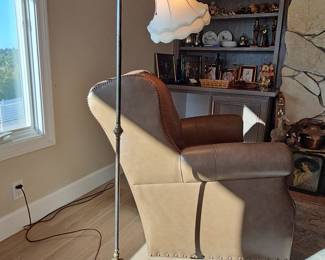 Antique Brass Bridge Arm Floor Lamp with Decorative Base and Bell Shade