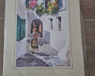 Watercolor Painting of Greek Village Scene by Zoltan Szabo