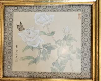 Vintage Chinese Watercolor Painting of White Roses and Butterfly