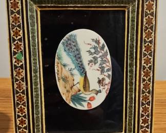 Persian Khatamkari Inlaid Picture Frame with Miniature Peacock Painting
