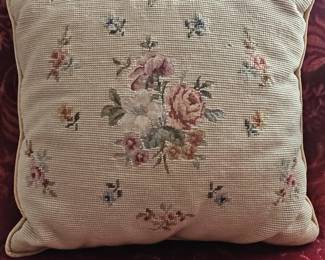 Vintage Needlepoint Floral Bouquet Pillow