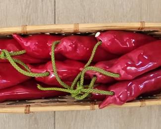 Ceramic Chili Peppers in Woven Basket