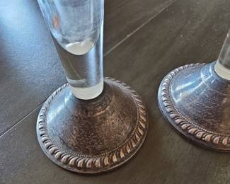 Pair of Etched Glass Bud Vases with Silver-Plated Bases